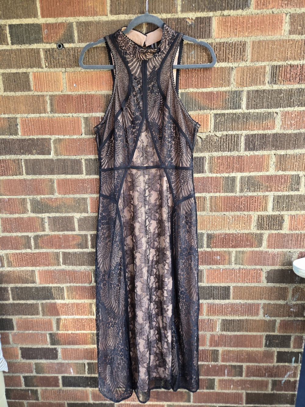Anthropologie Black Lace Maxi Dress with Nude Underlay